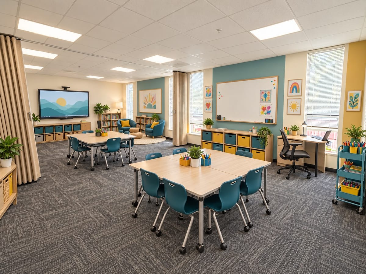 Proposed vision for the classroom: grouped tables on castors, a reading corner with armchairs and a bookcase, labelled storage bins and a large display screen