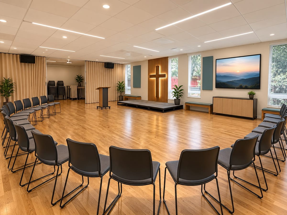 Proposed vision for the gathering room: chairs set in a wide circle, a low platform, a lit wooden cross and a large wall screen