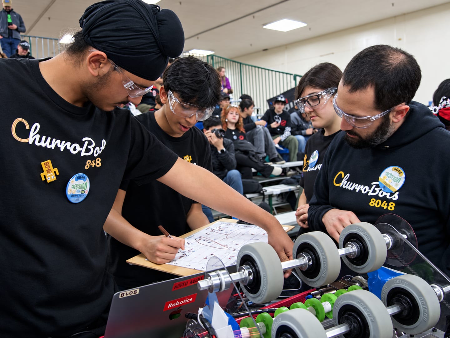 Churrobots students and a mentor in safety glasses working on the team's robot