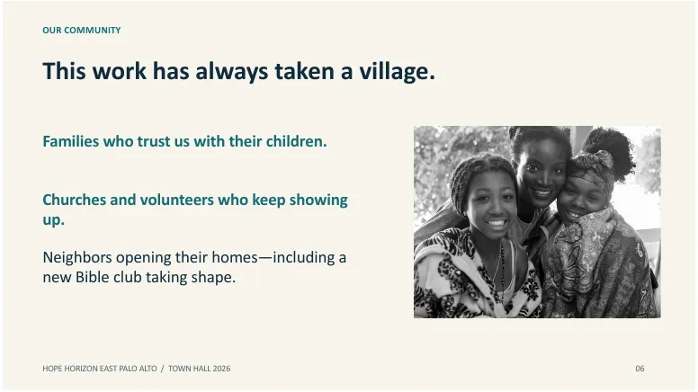 Slide 6 of 18. OUR COMMUNITY. This work has always taken a village.