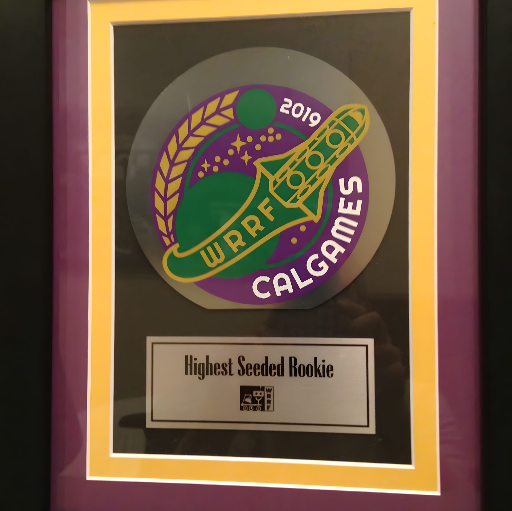 Framed 2019 WRRF Cal Games Highest Seeded Rookie Award plaque